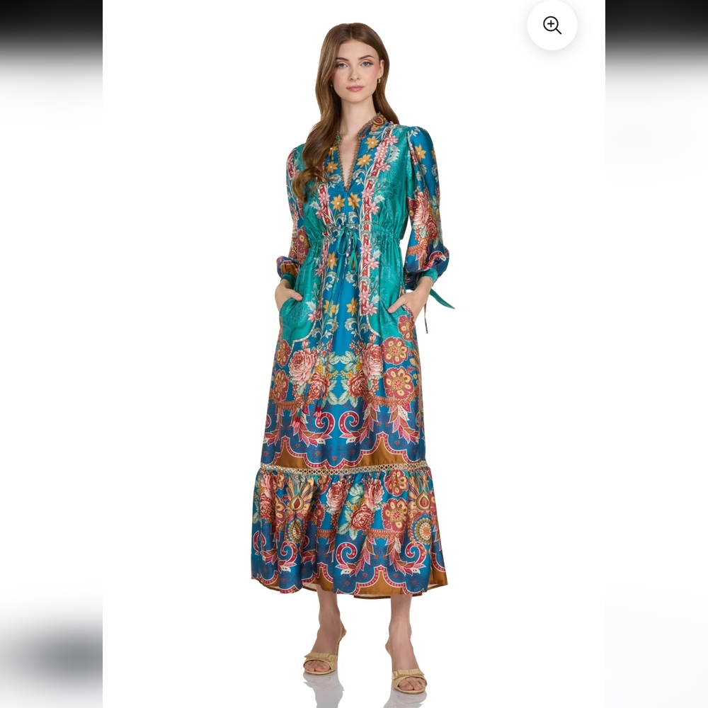 Teal Floral V-Neck Long Sleeve Maxi Dress